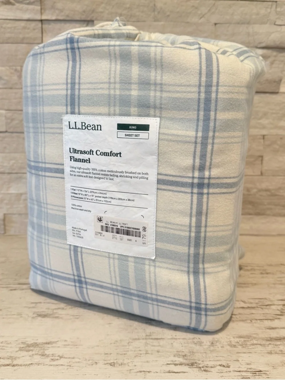 L.L. Bean King Ultrasoft Comfort Portuguese Flannel Sheet Set Bay Blue Check NWT